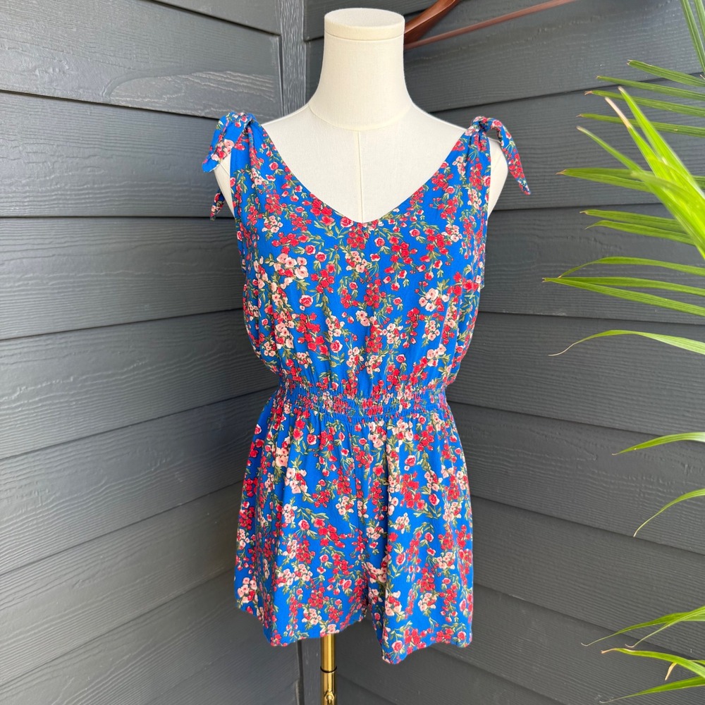 Bebop Floral Tie Strap Romper Blue Pink Sleeveless Smocked Waist Medium